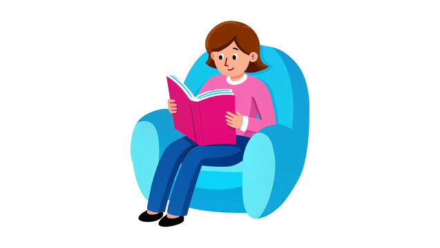 Isolated woman character sitting comfortably in armchair and reading book in cartoon style