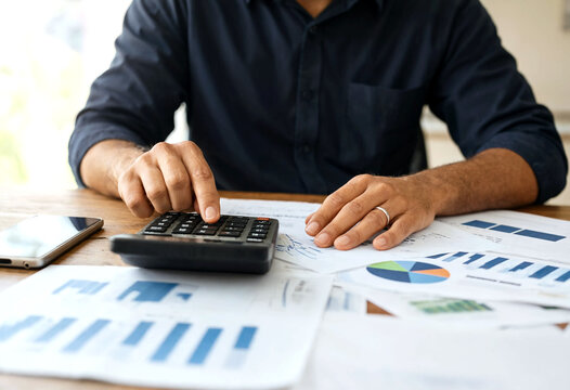 Closeup of a person using a calculator with financial documents and charts on desk