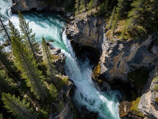 Naklejka premium Aerial view of powerful waterfall plunging into narrow rocky canyon. Turquoise river flows through steep stone gorge with green pine trees. Wild nature landscape shows cascading water, deep mountain