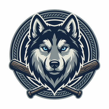 Fierce wolf head mascot emblem combined with crossed baseball bats for sports team branding identity design showing a strong canine predator character representing aggressive athletic