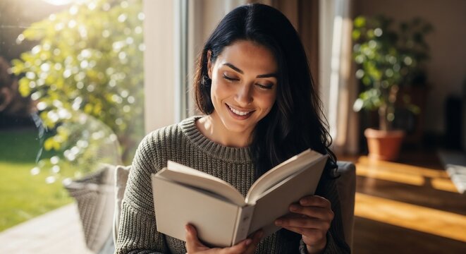Relaxing with book by window, smiling woman enjoys literature in cozy sweater at home. Morning light illuminates relaxing with book. Joyful moment perfect for wellness and relaxing with book.