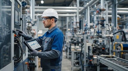 Fototapeta premium Technician inspecting machine with digital tablet in modern industrial factory