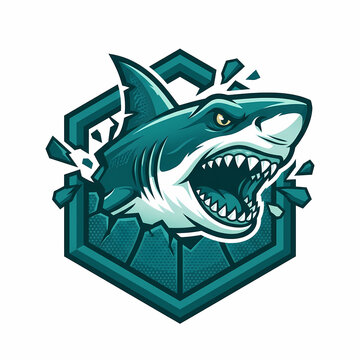Fierce shark breaking through a geometric frame representing strength and power for sports team logos or gaming avatars with an aggressive predator design that brings intensity to brand identity