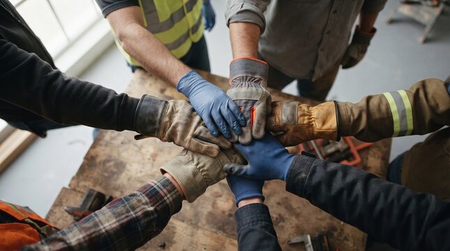 Diverse construction workers and industrial builders stacking hands in unity as a team for factory production