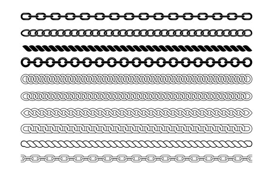 Collection of decorative horizontal chain borders with linked, braided and rope designs. Vector decorative dividers and frames graphic elements set