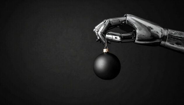 Robotic Hand Holding a Black Christmas Bauble Wide