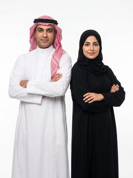 Mature Saudi Arabian Couple Posing Confidently in Traditional National Clothing
