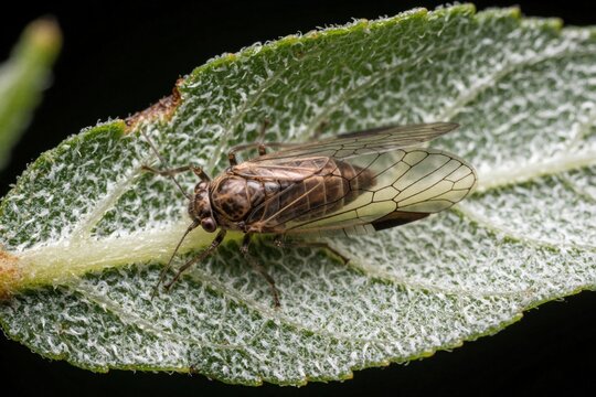 Macro shot of Cacopsylla fulguralis jumping plant louse insect on green leaf. Small brown winged pest sits on underside of Elaeagnus plant foliage. Close up view of harmful garden parasite during