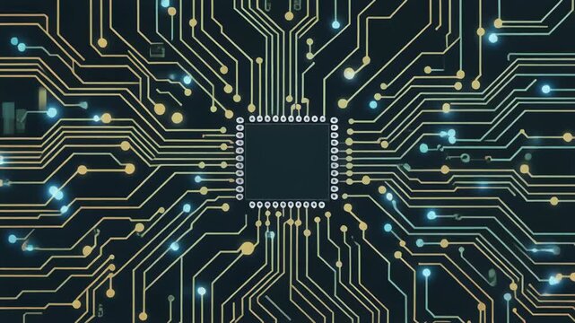 Digital circuit board patterns with glowing lights in dark blue and gold tones