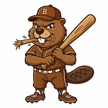 Tough brown beaver mascot wearing a baseball uniform holding a wooden bat while gnawing on a piece of timber ready for the game to start and showing a competitive spirit for athletic team