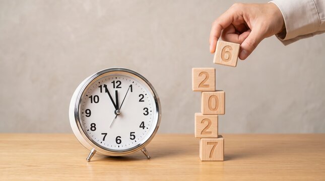Person hand placing a wooden block with the number six next to a round analog clock to form the year 2026 on a wooden desk surface background