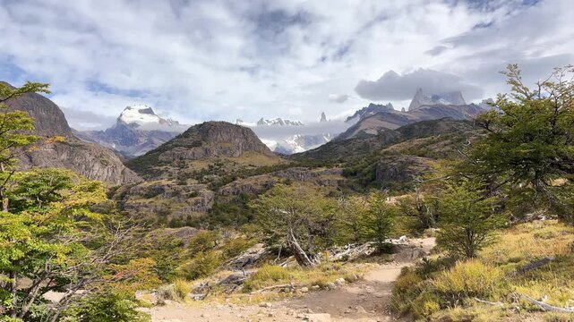 Scenic Mountain Landscape in Los Glaciares National Park. Golden Nothofagus Trees Frame the Iconic Cerro Torre and Fitz Roy Massif