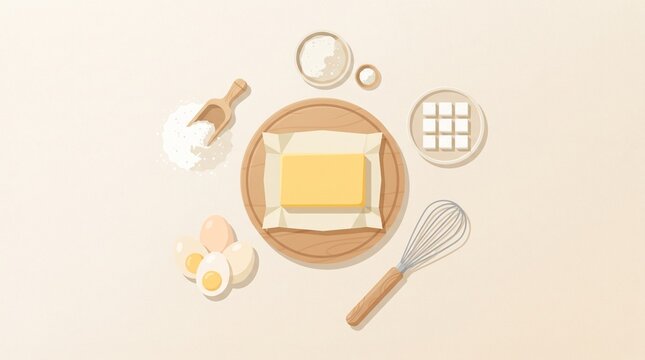 Butter Baking Ingredients Flat Design Illustration with Flour, Eggs and Sugar, Homemade Dessert Preparation Concept for Recipes, Bakery Packaging and Cooking Design