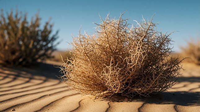Dry tumbleweed sits on sandy desert dunes under blue sky. Dead bush plant rests on wavy sand ripples in arid landscape. Wild tumbleweed grows in hot desert environment, representing western