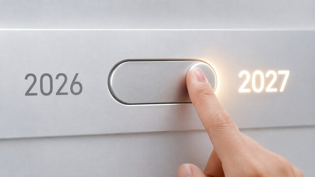 Hand turning switch from 2026 to 2027. Finger sliding toggle button to activate new year 2027. Year change, transition and new beginning concept for new year greeting card.