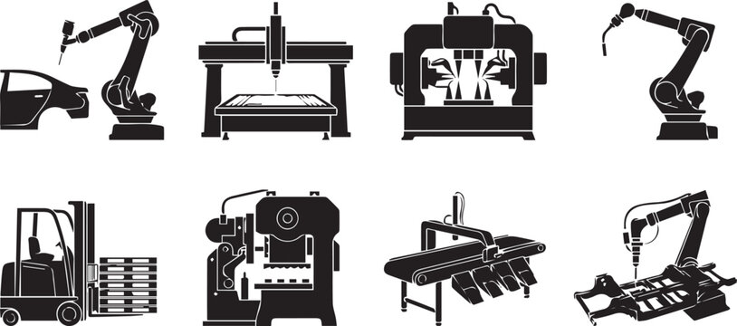 WebAutomobile manufacturing and industrial automation silhouette vector icons set, car assembly robots, CNC machines, and forklift vector station