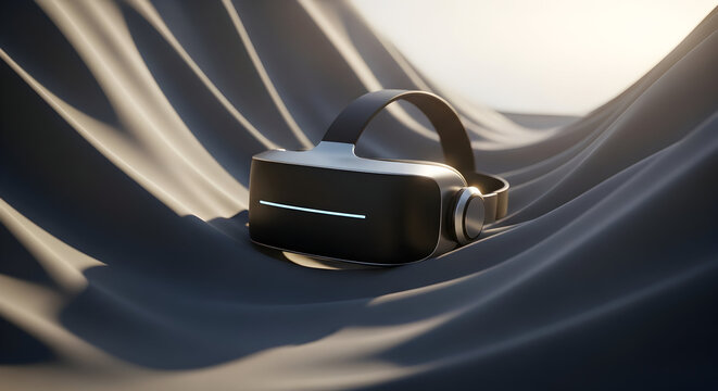 Futuristic Virtual Reality Headset Resting on Flowing Fabric Textiles Under Bright Lighting