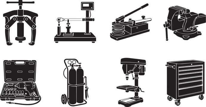 WebMechanical tools and workshop equipment silhouette vector icons set, vise, torque wrench, drill press, and tool chest vector station
