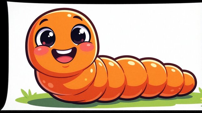 Smiling orange cartoon worm crawls on green grass against white background. This cute, happy character has big eyes and segmented body, perfect for kids content or design.