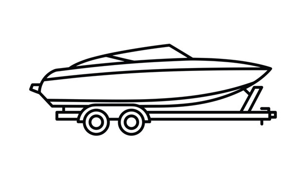 Line art outline of a modern motor speedboat secured on a dual-axle transport trailer on a white background.