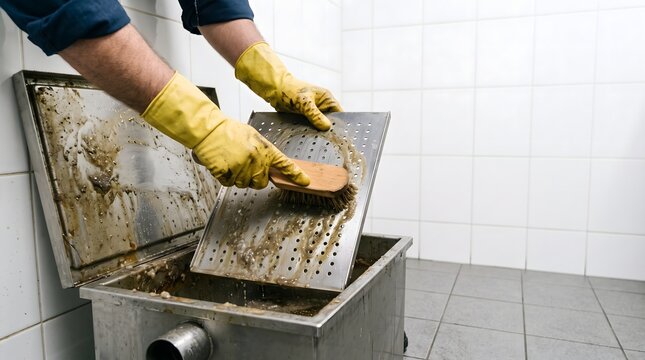 Kitchen maintenance worker scrubs grease residue from a removable metal baffle over an open grease trap, illustrating restaurant grease control and sanitation.