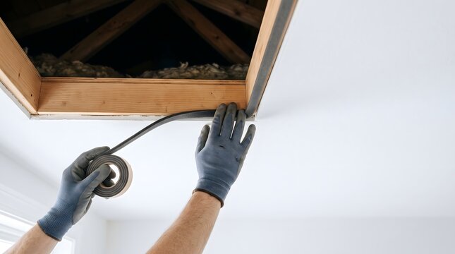 Technician applies adhesive weatherstripping along an open attic hatch edge, illustrating residential air sealing, draft reduction and energy-efficient home weatherization.