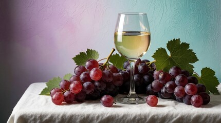 Naklejka premium Glass of white wine sits next to fresh red and purple grapes on linen tablecloth. Natural light illuminates this simple studio still life composition with grape leaves.