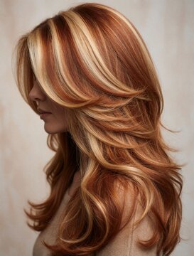 Woman shows off long layered hairstyle with blonde and auburn highlights. Her hair cascades in soft waves, framing her face with a stylish cut and rich color.