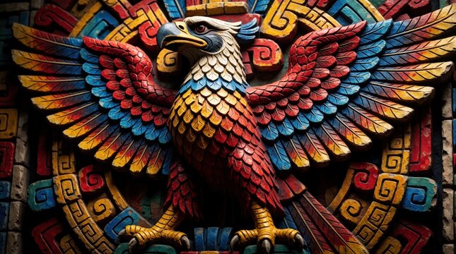 Carved wooden eagle relief with colorful Mayan patterns. Bird sculpture shows intricate details and vibrant red blue yellow hues, symbol of power and Mesoamerican culture.