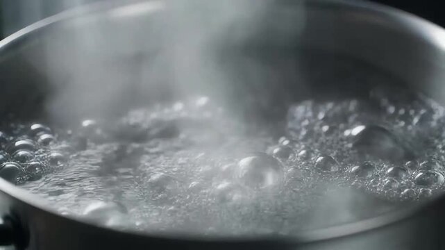 Close-up video of water reaching a vigorous boil in a silver pot, each bubble forms with crystalline clarity, rising in slow motion as mist curls gently upward
