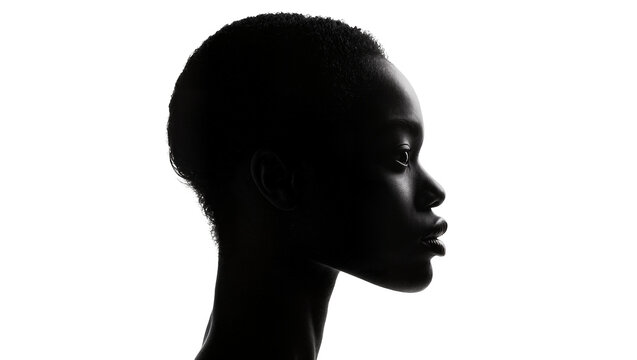 Isolated dramatic black and white profile portrait of beautiful young African woman with curly hair