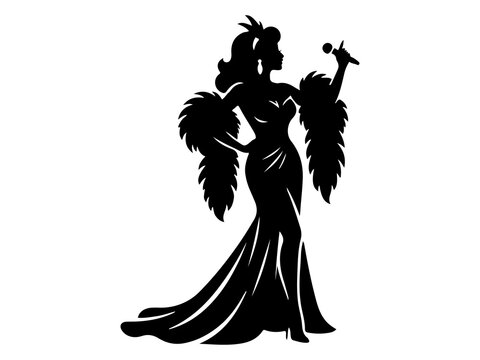 Diva Singer Silhouette Vector, Glamorous Performer with Feather Boa