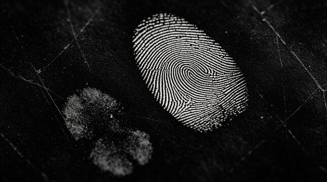 Close up of human fingerprint, oily smudge on dark textured surface. Detailed skin pattern shows unique ridges, lines. Forensic evidence for crime scene investigation. Abstract background with