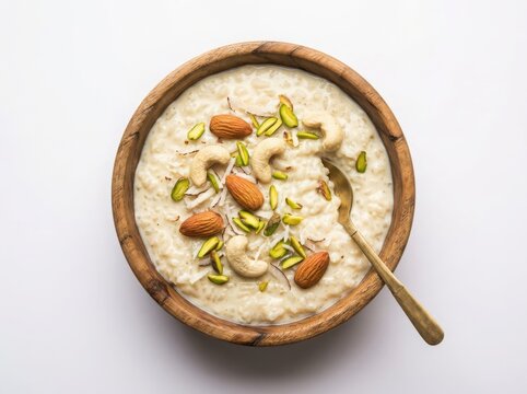 Bowl of kheer or rice pudding garnished with almonds, cashews, and pistachios isolated on white background