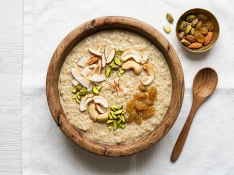 Bowl of kheer or rice pudding with nuts, raisins, and saffron isolated on white background