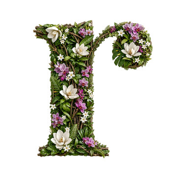 Lowercase letter r made of tropical flowers and greenery on transparent background