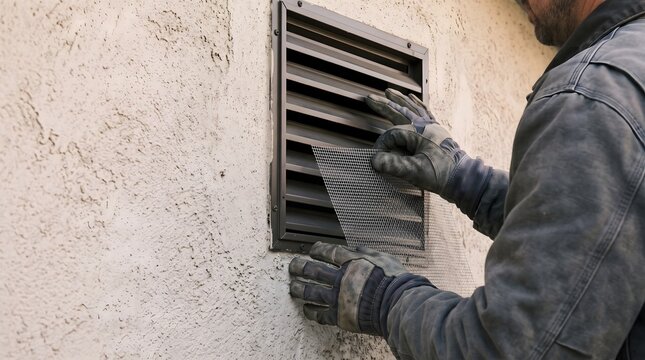 Contractor fits a dark louvered vent into a stucco exterior wall during a residential retrofit, useful for wildfire preparedness and home fire-risk reduction.