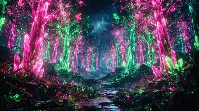 Magical fantasy forest with glowing pink and green crystal trees and starlit sky.