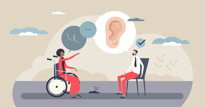 Active listening illustrated, a seated listener reflects a speaker, ear icon and speech bubbles show understanding, key objects, ear icon, speech bubbles, wheelchair. Tiny style