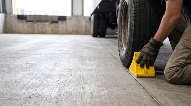 Worker positions a yellow wheel chock against a commercial trailer tire on a warehouse floor, demonstrating vehicle restraint and loading-area safety.