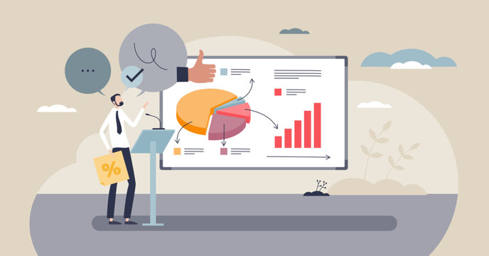 Presentation skills coaching, a speaker explains data using a pie chart and bar graph, highlighting clear storytelling, confidence, and audience engagement. Tiny style