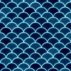 Blue fish scale seamless pattern background texture with glowing outlines glowing outline mermaid scales repeating background abstract pattern geometric background dark blue seamless repeating © MD PAIKAM 