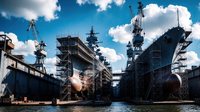 Massive warships under construction at shipyard. Giant cranes and scaffolding surround vessel hulls in drydock under blue sky. Shipbuilding industry progress.