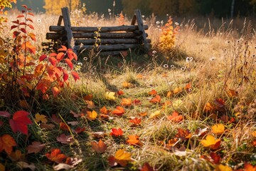 Naklejka premium Sunny autumn morning in Bavarian meadow with colorful fall foliage. Red maple leaves scatter on grass near rustic wooden bench. Golden sunbeams shine through trees in forest park during seasonal
