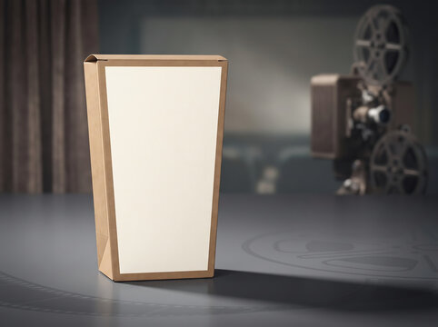 Blank cardboard popcorn box mockup on a cinematic film theater background transparent background