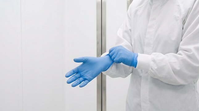 Cleanroom worker pulls a blue nitrile glove cuff securely over a white coverall sleeve, demonstrating contamination-control gowning before precision manufacturing.