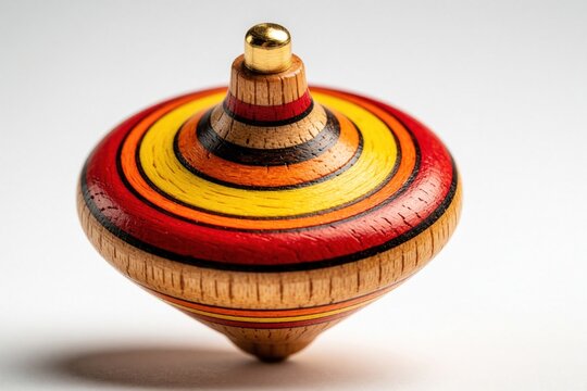 Wooden spinning top toy with red yellow orange bands and gold tip. Conical shape object spins, detailed craft design. Isolated on white studio background.