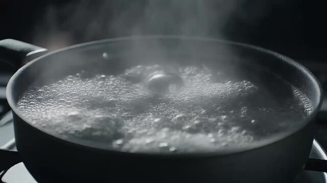 Artistic close-up video of water boiling rapidly in a dark matte cooking pan, the bubbles roll and collide like living organisms under brilliant studio lights