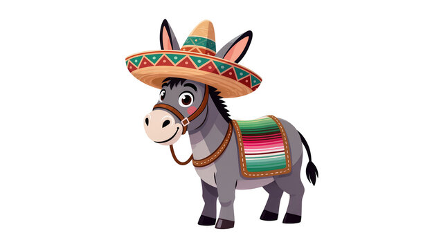 Isolated cute cartoon Mexican donkey wearing sombrero and traditional serape blanket
