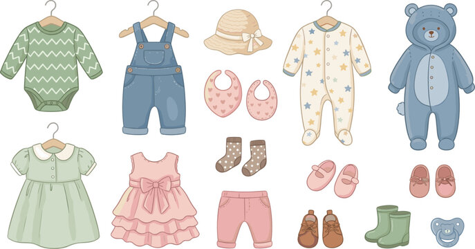 Baby clothing collection with romper dress overalls hat bib socks shoes boots teddy bear and pacifier pastel nursery illustration